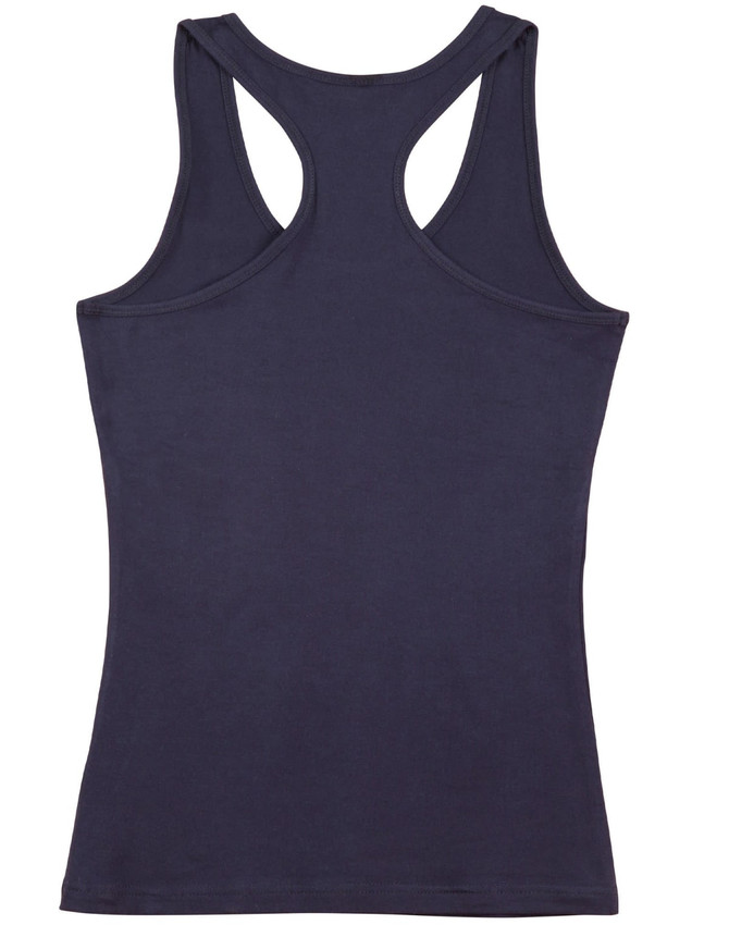 A women's fitted stretch singlet in navy blue, featuring a racerback design and a plain back.