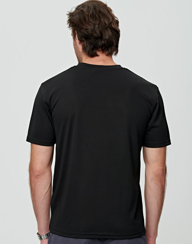 A black men's short sleeve tee featuring a crew neckline and a logo on the back.