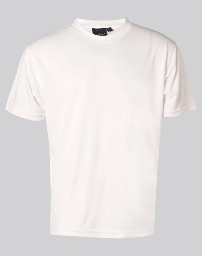 A white short sleeve tee with a lightweight fabric, featuring a logo on the collar area.