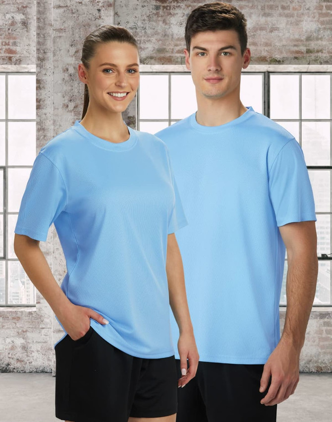 A light blue short sleeve tee for men and women, featuring a textured fabric and a logo on the chest.