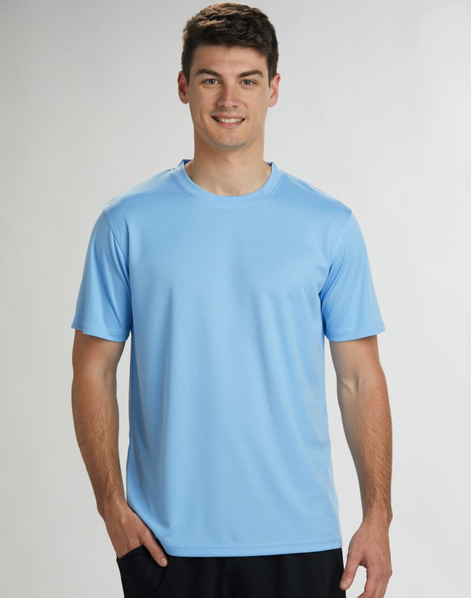 A light blue short sleeve tee for men made from cooldry fabric, featuring a logo on the front.