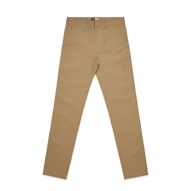 Tan slacks with a slim fit, featuring pockets and a waistband. The product includes a logo.