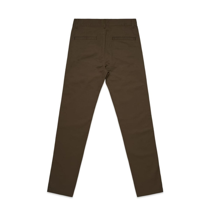 Standard pants in olive green, featuring a back view with pockets and a fitted design. Includes a logo detail.