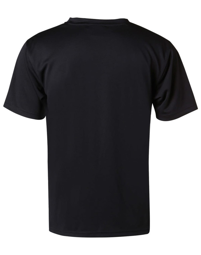 A black kids’ cooldry short sleeve tee featuring a plain design and a logo on the back.