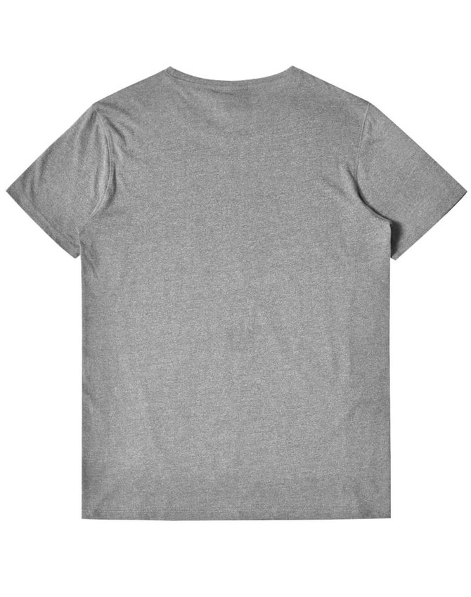 A grey short-sleeve t-shirt with a simple design and a logo on the back.