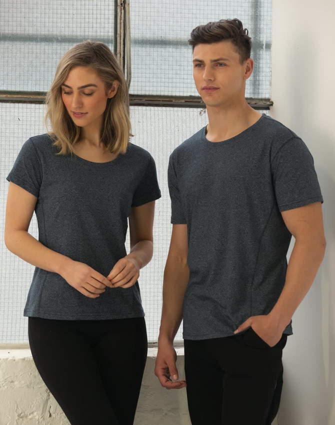 A women's and men's short-sleeve T-shirt in cool heather grey, featuring a logo on the shirt.