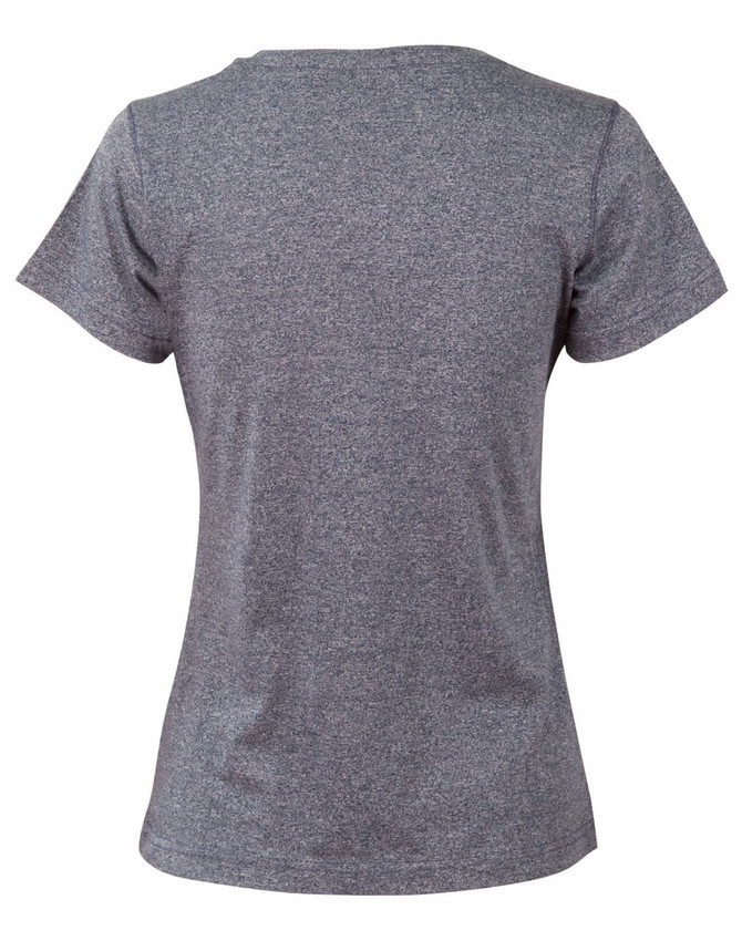 A heather grey short-sleeve women’s tee featuring a rounded neckline and a small logo.