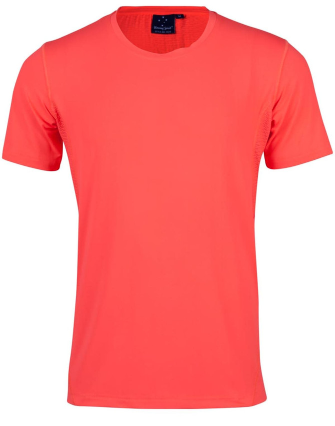 A men's short-sleeve t-shirt in bright coral with a round neckline and a logo on the label.