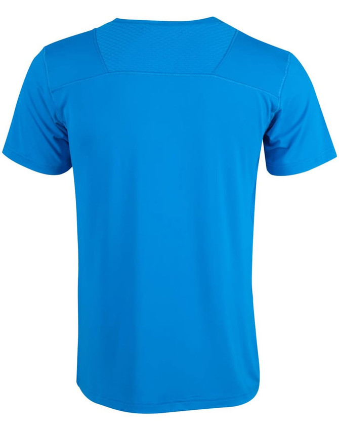 A blue Men's Cooldry Stretch Tee with a smooth fabric and a textured shoulder design. Features a logo on the back.
