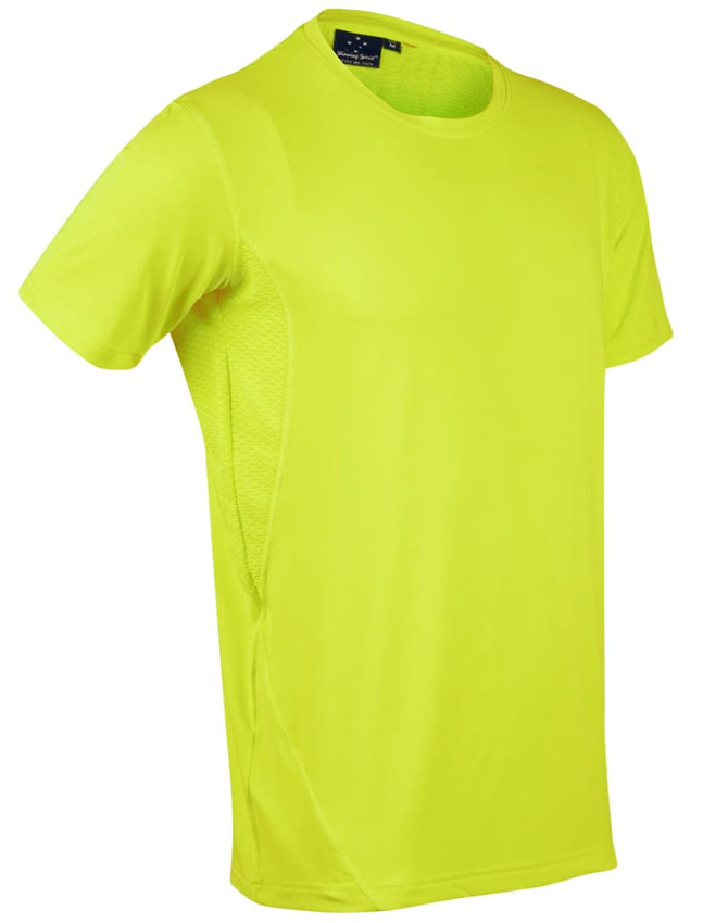 A bright yellow Men's Cooldry Stretch Tee with mesh sides and a logo on the collar.
