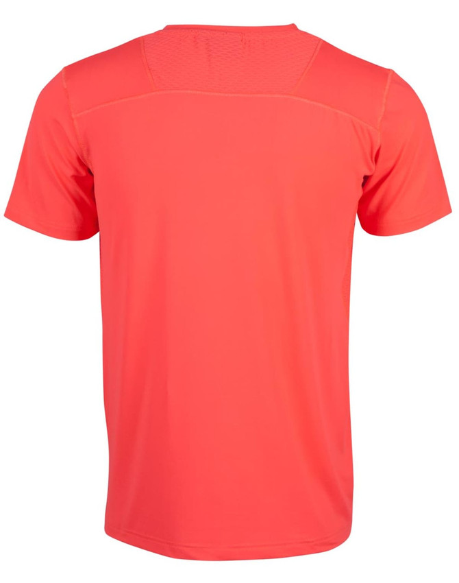 A vibrant coral men's T-shirt with a stretch fabric, featuring a logo on the back.
