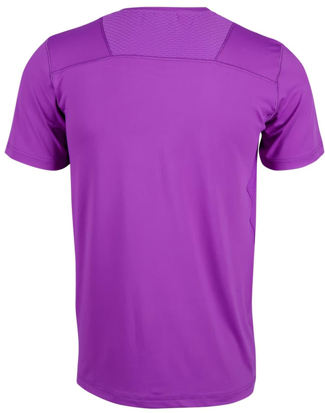 A purple Men's Cooldry Stretch Tee with a textured back and short sleeves, featuring a logo.