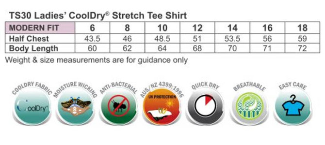 A chart displaying size measurements for the Ladies' Cooldry Stretch Tee in various sizes, featuring fabric properties.