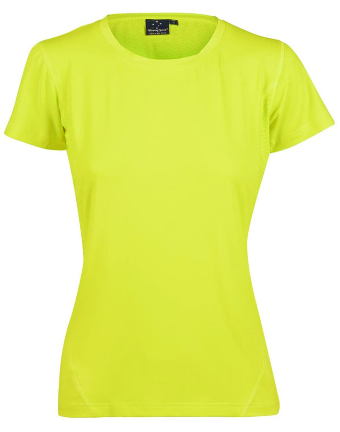 A bright yellow Ladies' Cooldry Stretch Tee with short sleeves and a fitted design, featuring a logo at the neckline.