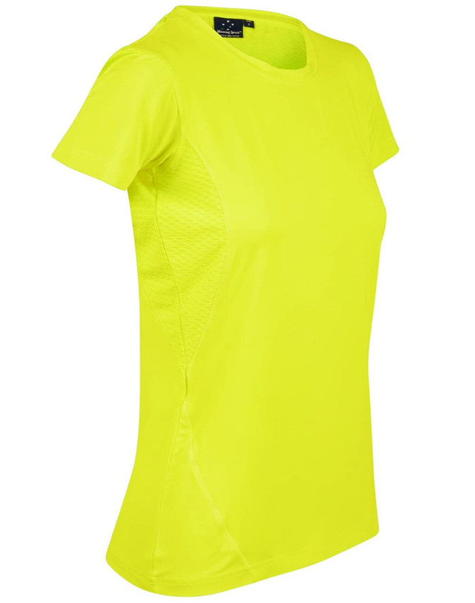 A bright yellow ladies' T-shirt with a fitted design and textured side panels, featuring a logo.
