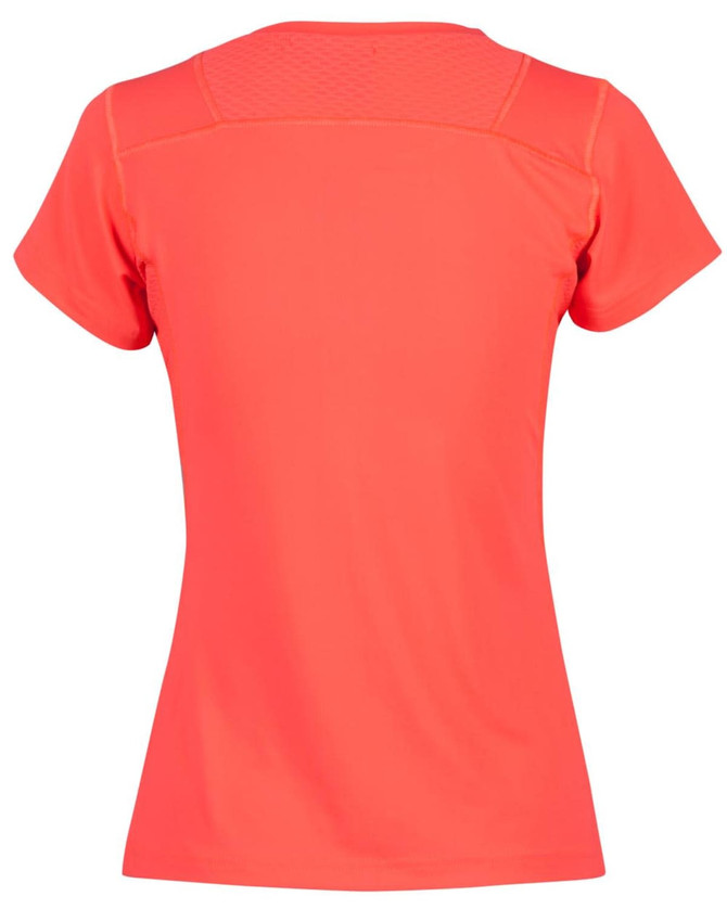 A back view of a Ladies' Cooldry Stretch Tee in bright coral, featuring a mesh panel and a logo.