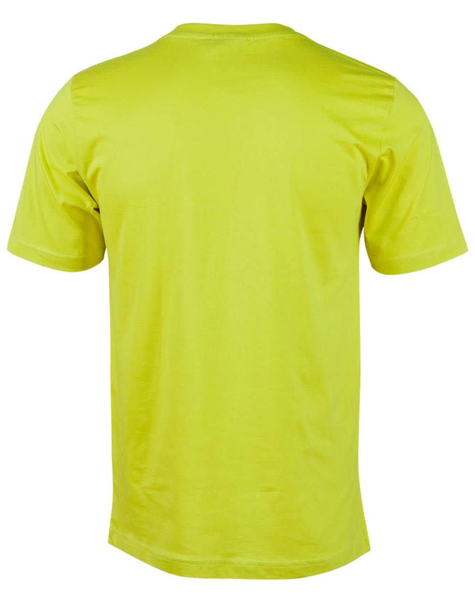 A bright yellow men's cotton semi-fitted tee with short sleeves and a classic crew neckline. It features a branding logo.