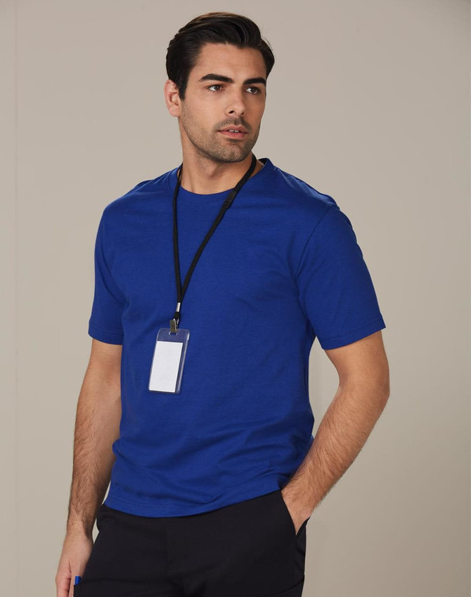 A men's semi-fitted t-shirt in royal blue, featuring short sleeves and a tag attached.