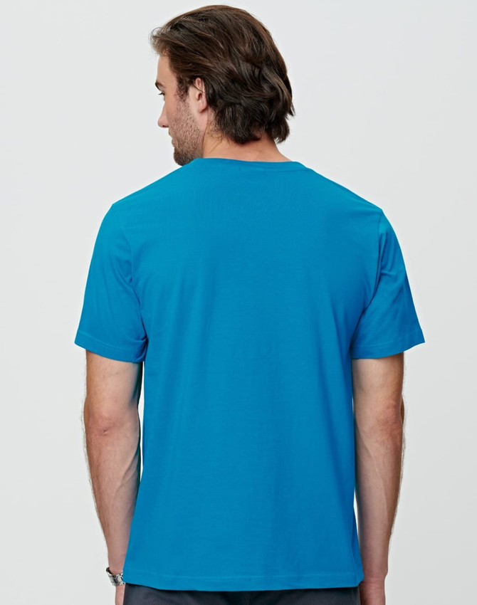 A blue men's cotton semi-fitted tee with short sleeves, showing the back view. The shirt has a logo.