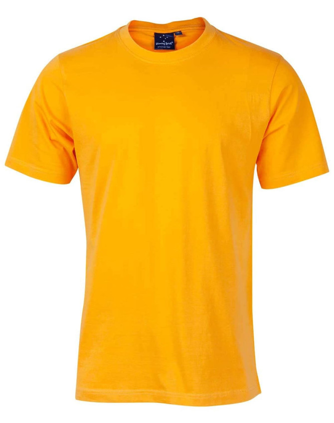 A bright yellow semi-fitted cotton t-shirt with short sleeves and a neckline. Features a logo on the label.