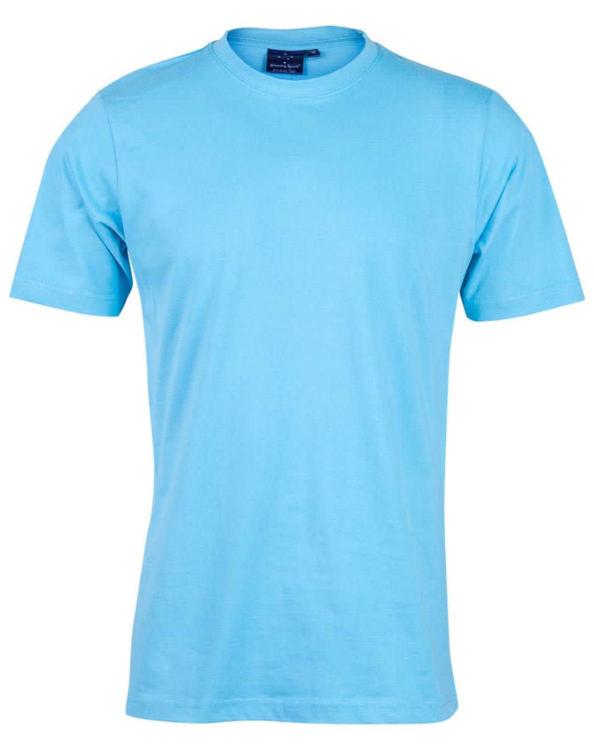A kid's semi-fitted tee in bright blue, featuring short sleeves and a crew neck. It has a brand logo on the label.