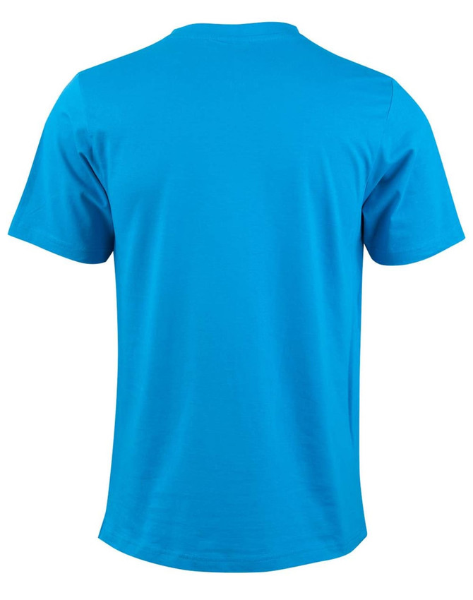 A blue cotton semi-fitted t-shirt with short sleeves featuring a logo.