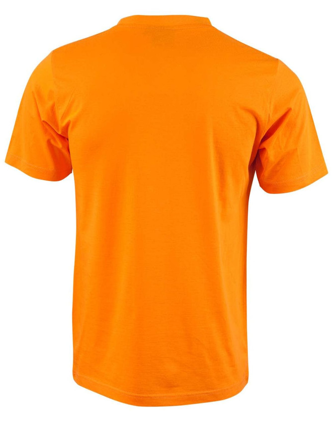 An orange semi-fitted T-shirt for kids with short sleeves and a plain back. It features a logo.