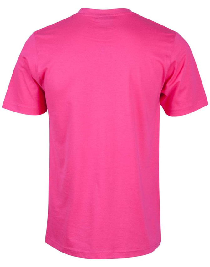 A bright pink semi-fitted cotton t-shirt for kids, featuring a simple design and short sleeves.
