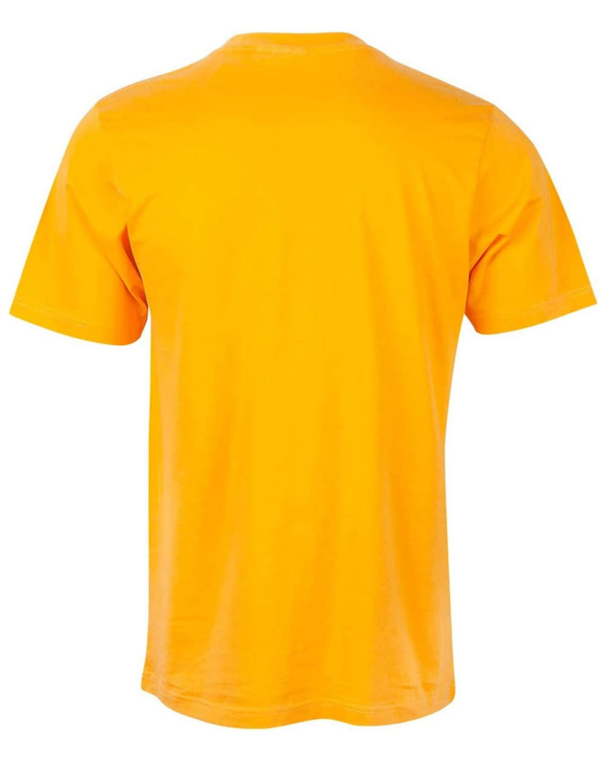 A bright orange kid's cotton semi-fitted tee with short sleeves and a plain back. It features a logo.