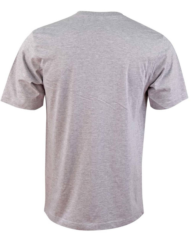 A grey kid's cotton semi-fitted tee with a plain back and short sleeves. It features a logo on the back.