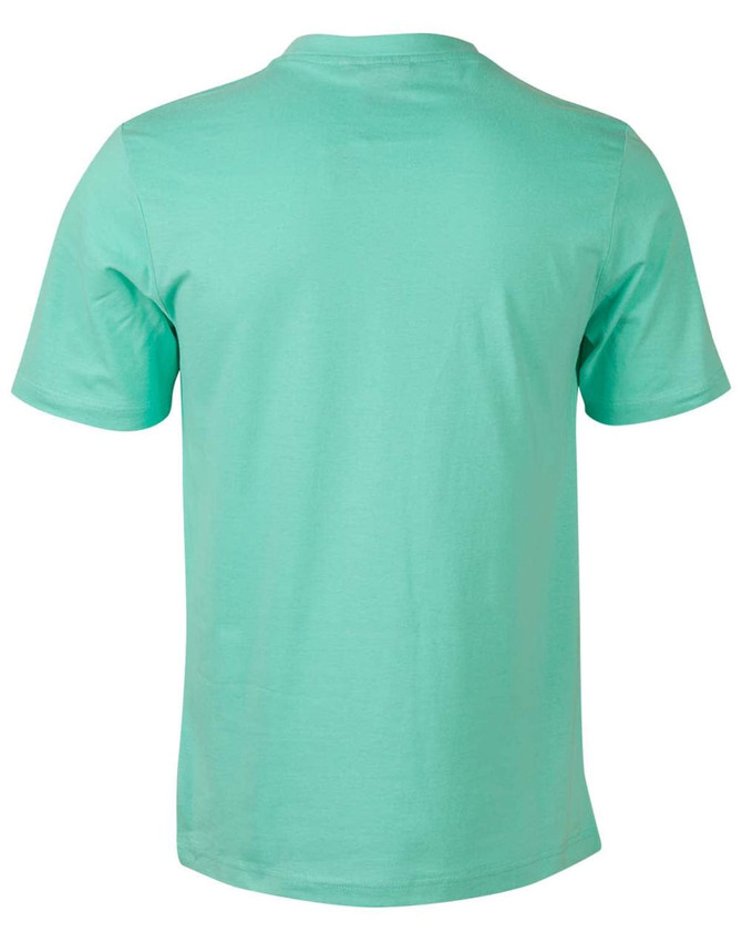 A mint green kid's cotton semi-fitted tee featuring short sleeves and a round neckline. The back view is displayed.