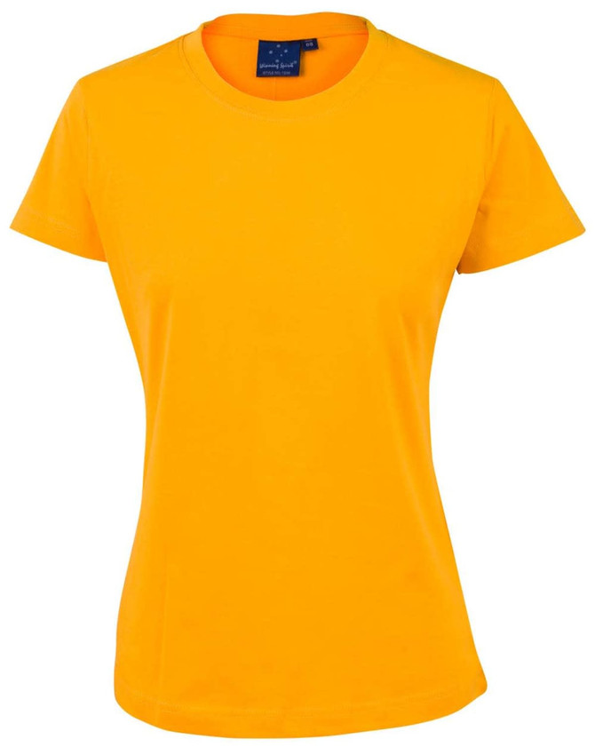 A ladies' cotton semi-fitted tee in bright yellow, featuring a classic round neckline and short sleeves.
