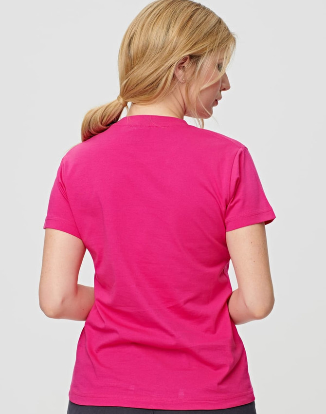 A pink ladies' cotton semi-fitted tee featuring a simple design and a logo on the back.