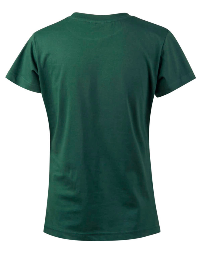 A green ladies' cotton semi-fitted tee displayed from the back, featuring a smooth finish and a casual style.