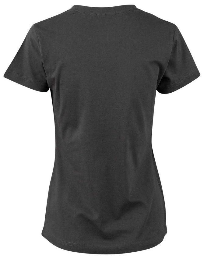 A grey ladies' cotton semi-fitted tee with short sleeves and a round neckline, featuring a logo on the back.