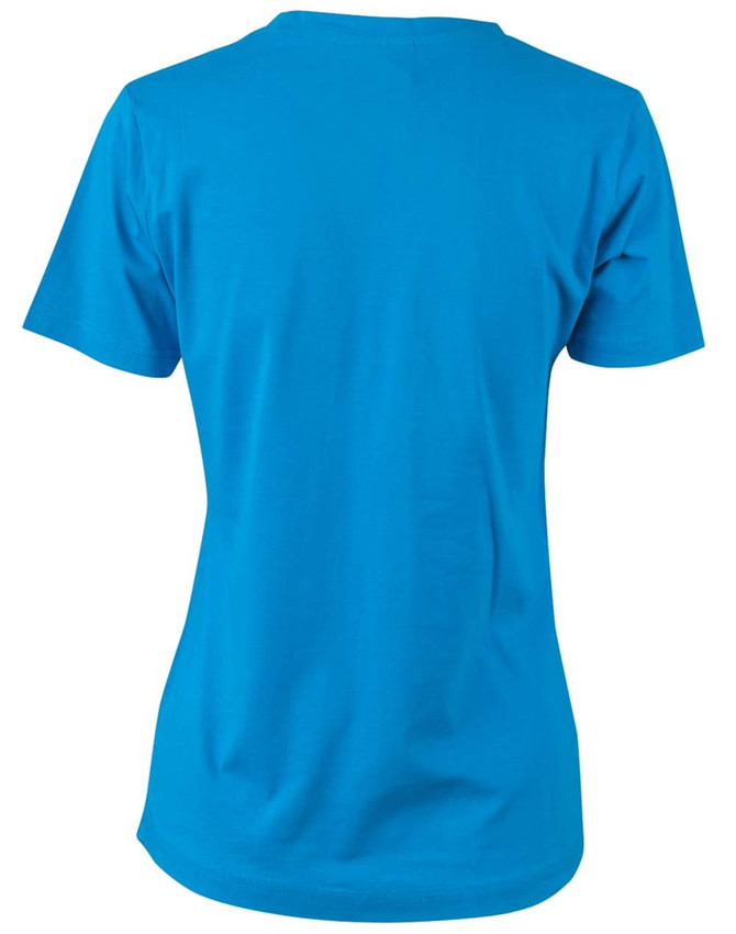 A bright blue ladies' cotton semi-fitted tee featuring short sleeves and a simple design. It has a logo on the back.