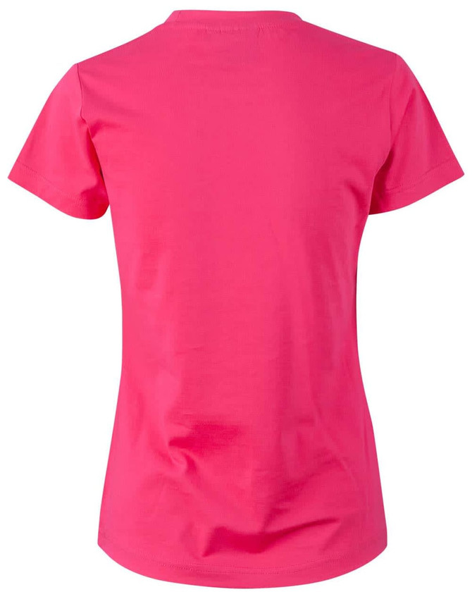 A pink ladies' cotton semi-fitted tee featuring a crew neck and short sleeves, with a logo on the back.