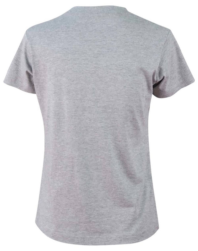 A grey ladies' cotton semi-fitted tee with short sleeves and a round neckline, featuring a logo on the back.