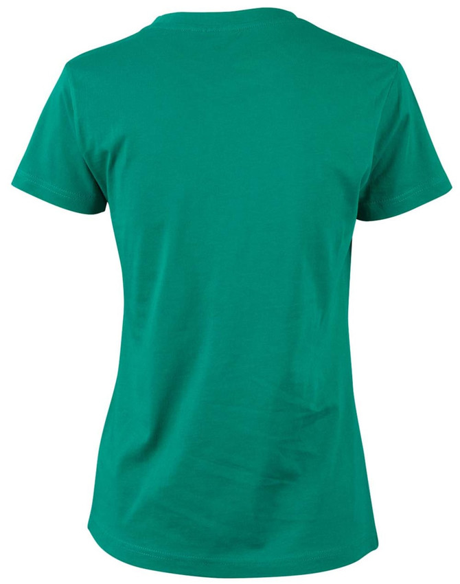 A green ladies' cotton semi-fitted tee with a crew neck design and short sleeves. It features a logo on the back.