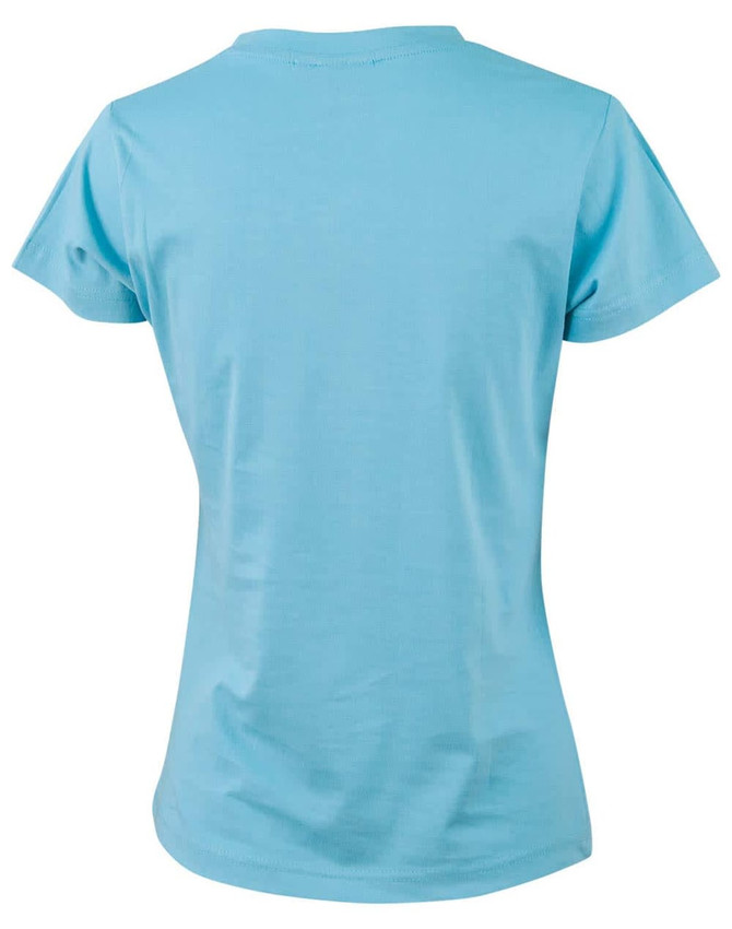 A blue semi-fitted cotton t-shirt for women, featuring short sleeves and a simple design.