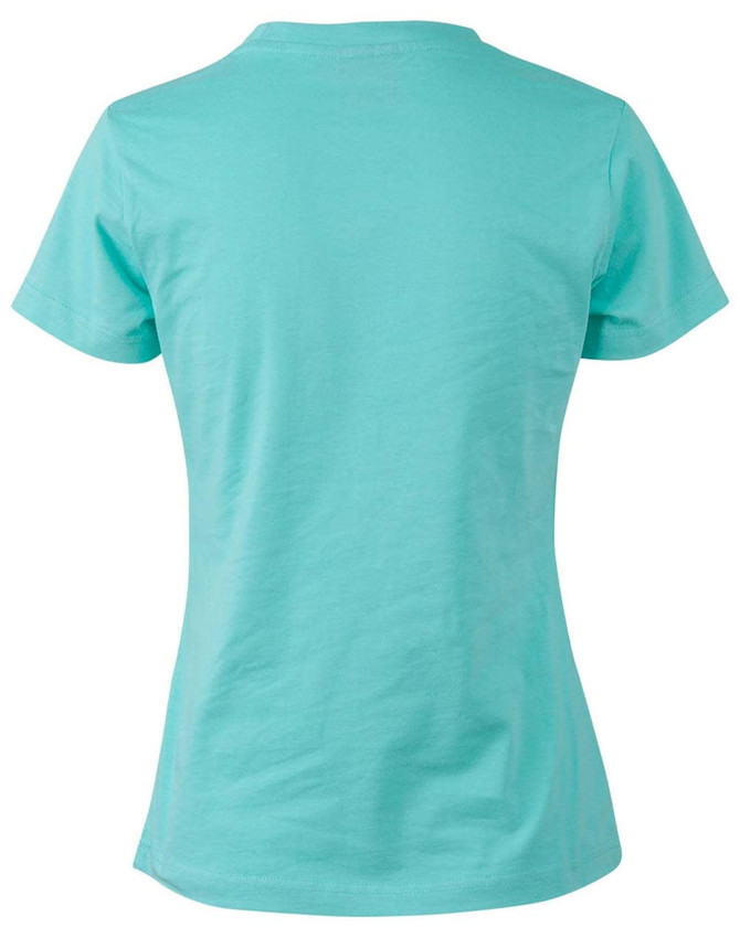 A teal ladies' cotton semi-fitted tee with a short sleeve design and a smooth back. Features a logo.