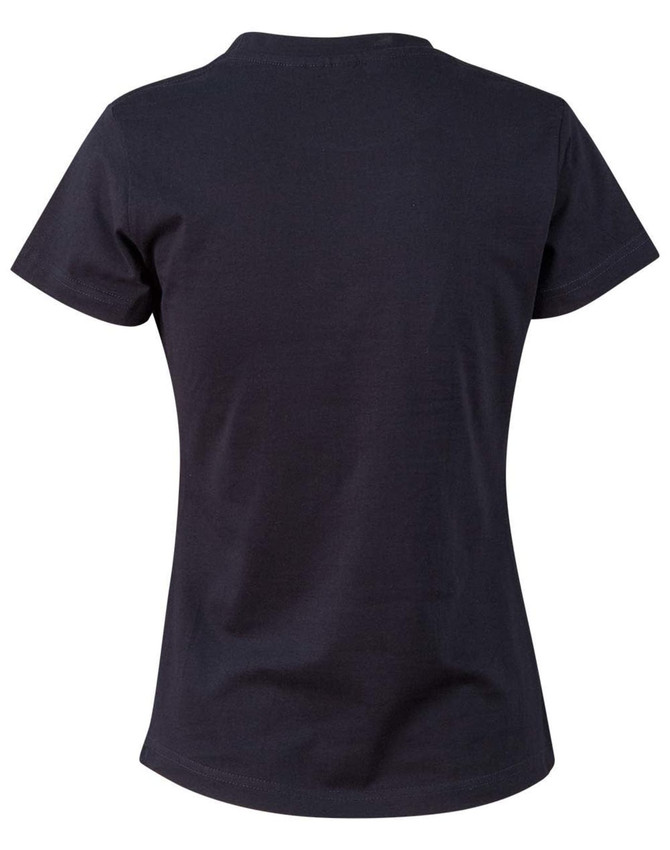 A black ladies' cotton semi-fitted t-shirt, featuring a simple design and short sleeves. It includes a logo on the back.