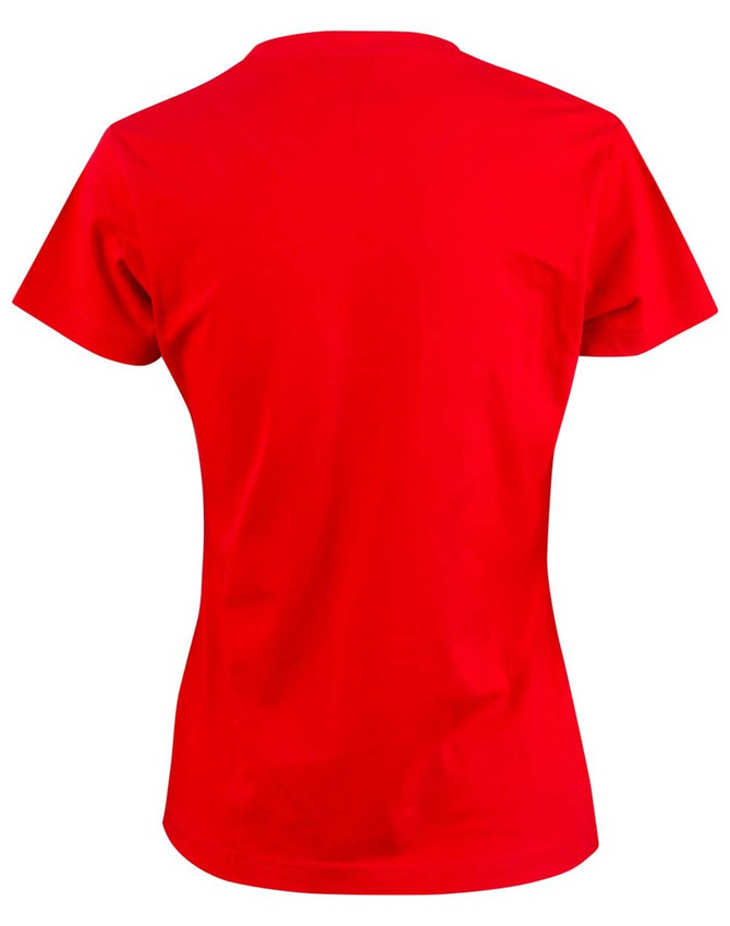 A red ladies' cotton semi-fitted tee with short sleeves and a plain back. It features a logo.