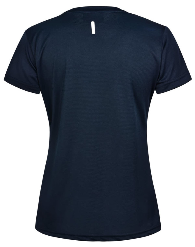 A navy blue ladies' short sleeve performance T-shirt featuring a subtle back detail and a logo.