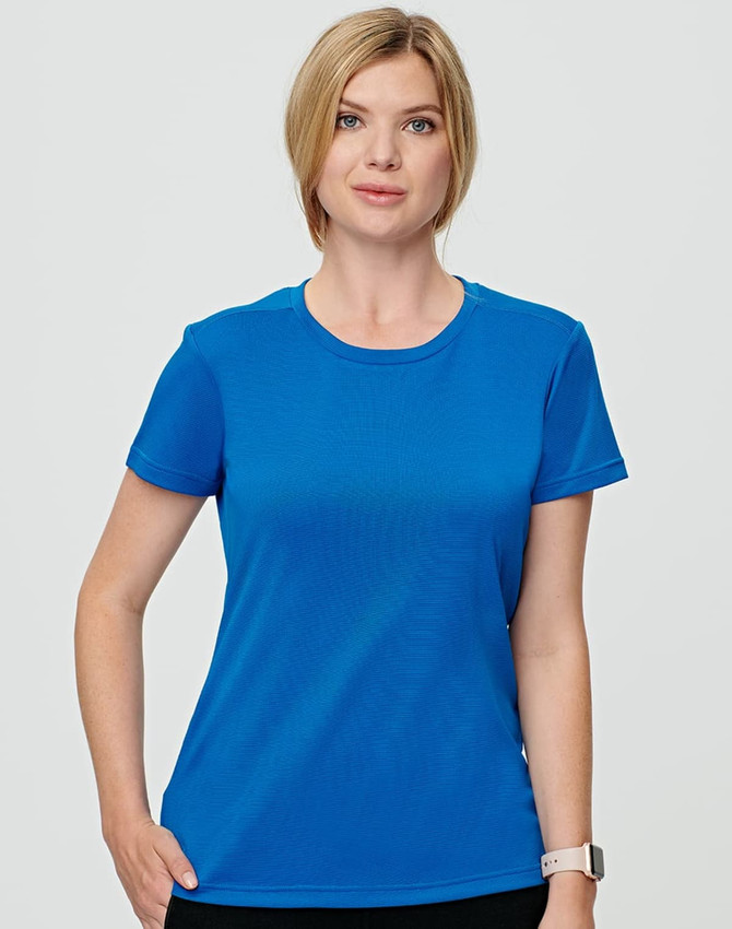 A blue women’s ultra light weight performance short sleeve t-shirt with a logo.