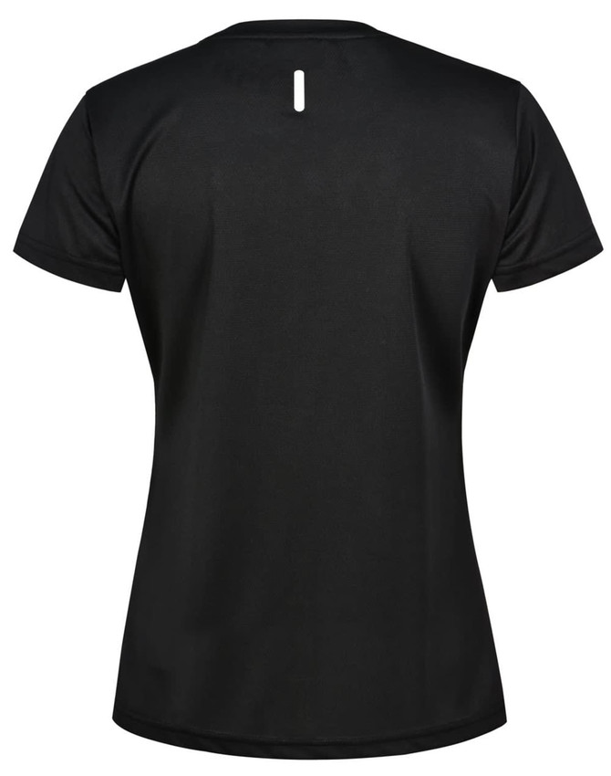 A black ladies' short-sleeve performance T-shirt, featuring a back keyhole detail and a logo.