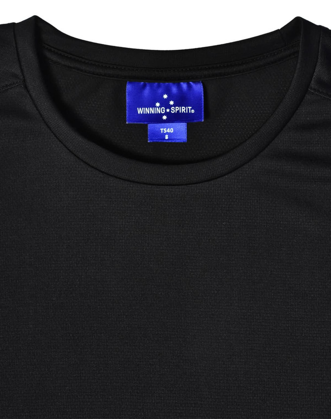 A black short-sleeve performance T-shirt with a logo label at the neckline.