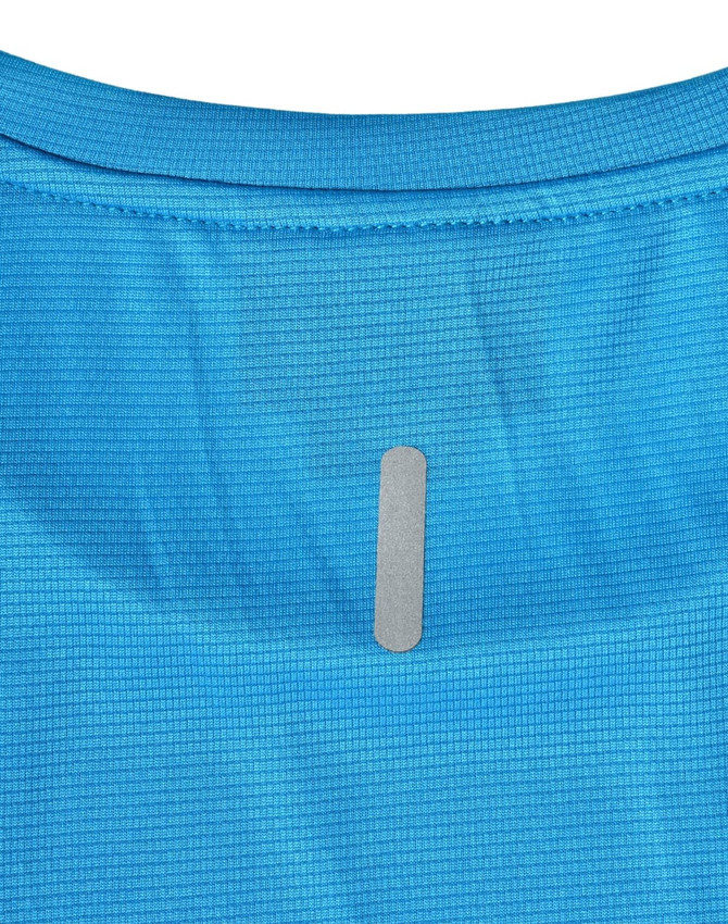 A blue ultra lightweight women's performance T-shirt with a textured pattern and a logo on the back.
