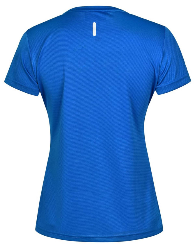 A blue women's performance short-sleeve t-shirt featuring a back slit detail and a logo.