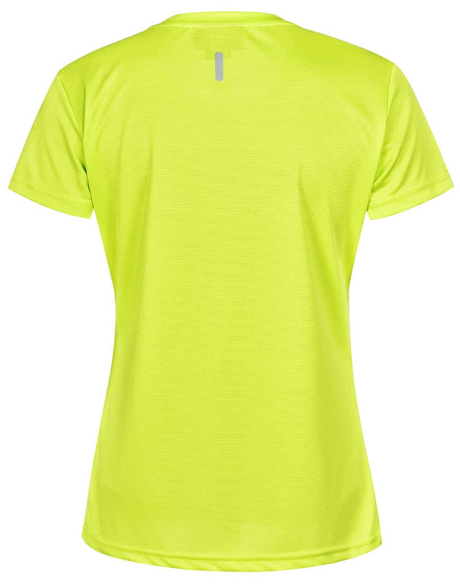 A bright yellow women's short-sleeve performance t-shirt with a logo on the back.